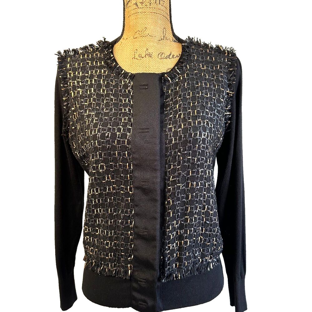 Per Se Women’s Black Silk Blend Tweed Gold Metallic Cardigan Sweater Sz M